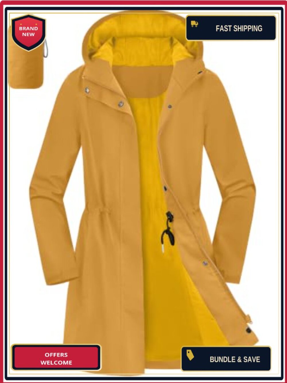 Women's Waterproof Long Raincoat with Hood Packable Windbreaker Trench